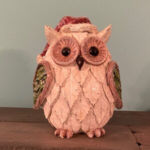 Festive Wooden Owl Figurine with Santa Hat